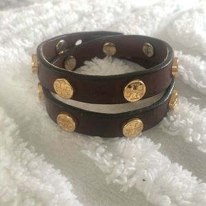 Tory Burch Leather Double Wrap Logo Stud Bracelet